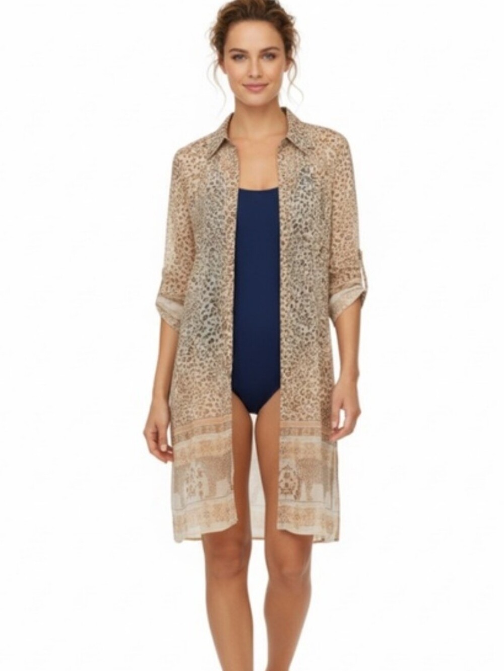 Live 4 Truth Beige Printed Long Sheer Beach Cover-Up